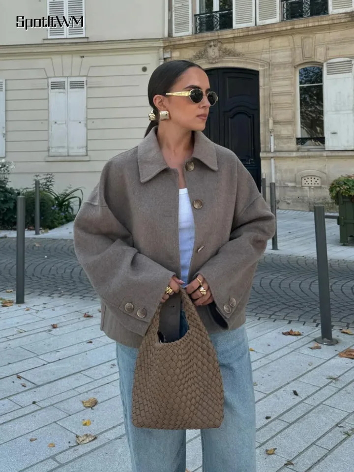 Fashion Single Breasted Lapel Solid Wool Blends Jackets Woman Long Sleeve Quilted Coat Autumn Female Office Street Outerwear 241028