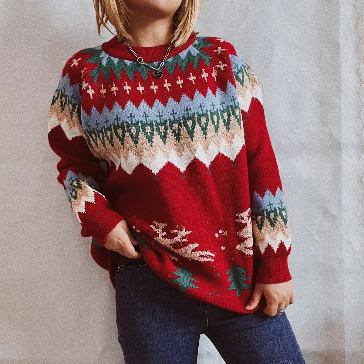 OMCHION Poleras Mujer année pull femmes épais manches Raglan wapiti arbre de noël or fermeture éclair pull 241028