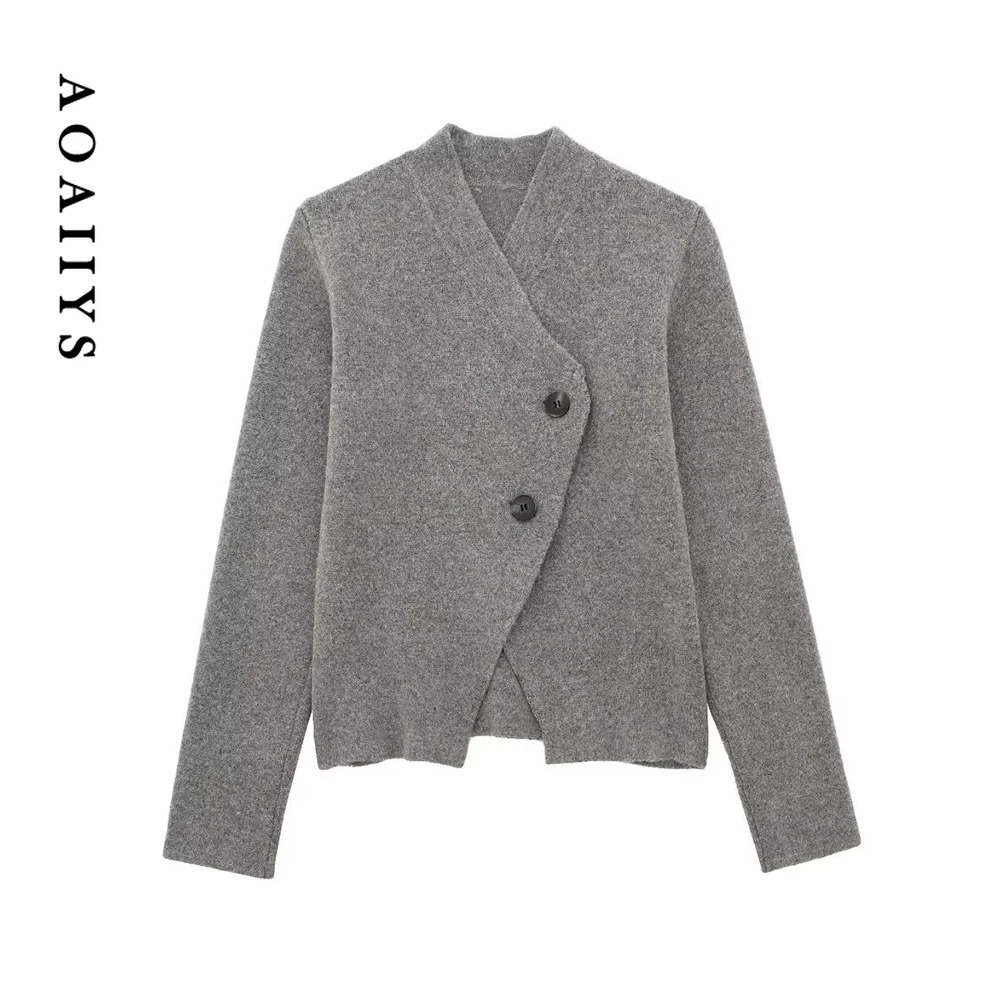 Aoaiiys Grey Knitted Cardigan for Women Sweaters V-Neck Asymmetrical Long Sleeve Elegant Female Cardigans Fashion Sweaters 241028