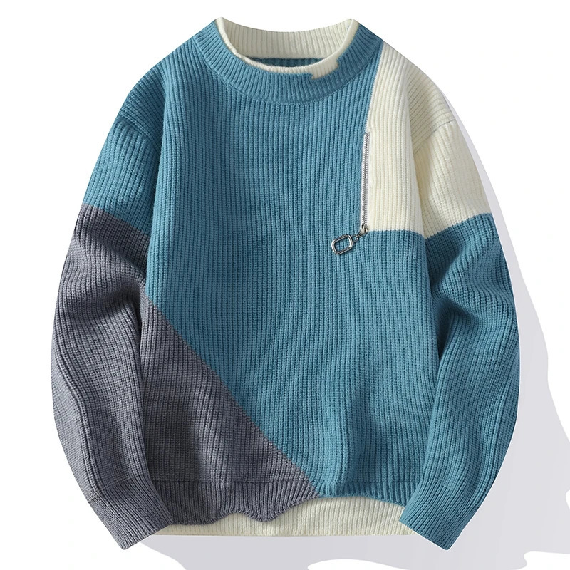 Automne hiver pull hommes cachemire tricot pull coréen doux chaud hommes mode Patchwork chandails beau pull à fermeture éclair 241028