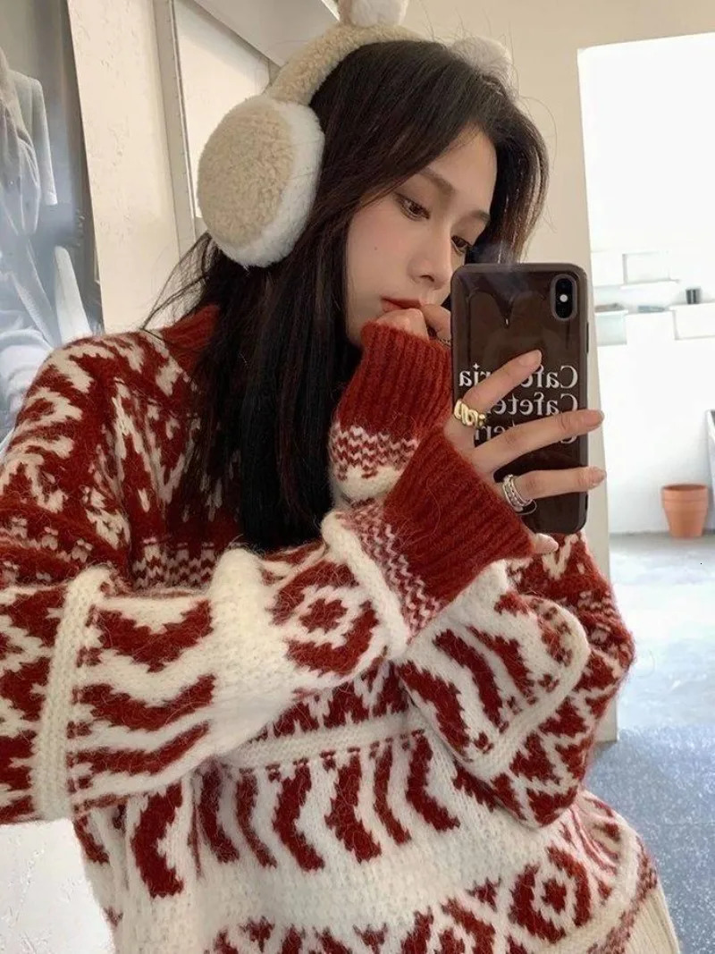 Style de Noël imprimé vintage Red Floral Womens Owck Sweet Sweet Casual Tited Year Any Pull Y2K Suede Us Us 241028