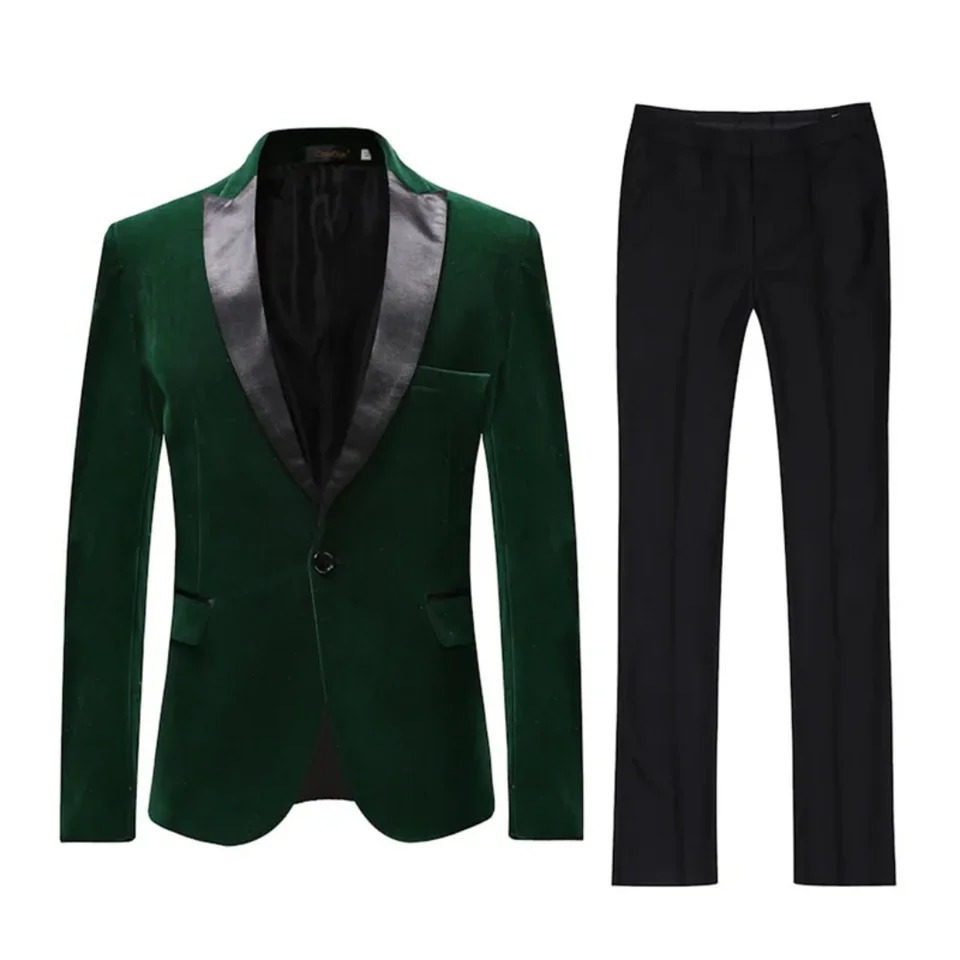 2 hommes en velours vert définit le revers haut un bouton veste de mariée de mariée robe de soirée pantalon de balle 241028