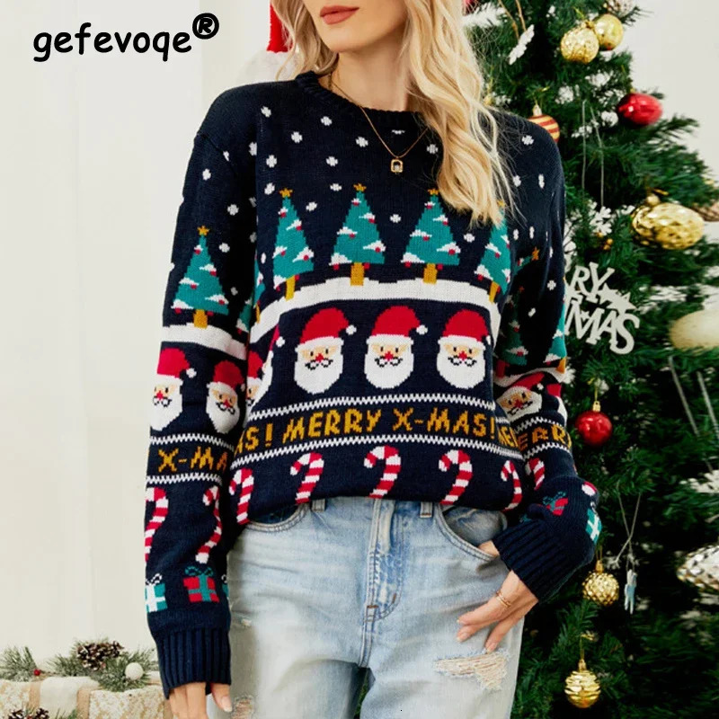 Hiver femmes amusant dessin animé jacquard noël pull tricoté décontracté col rond à manches longues haut fleuri épais chaud pull 241028
