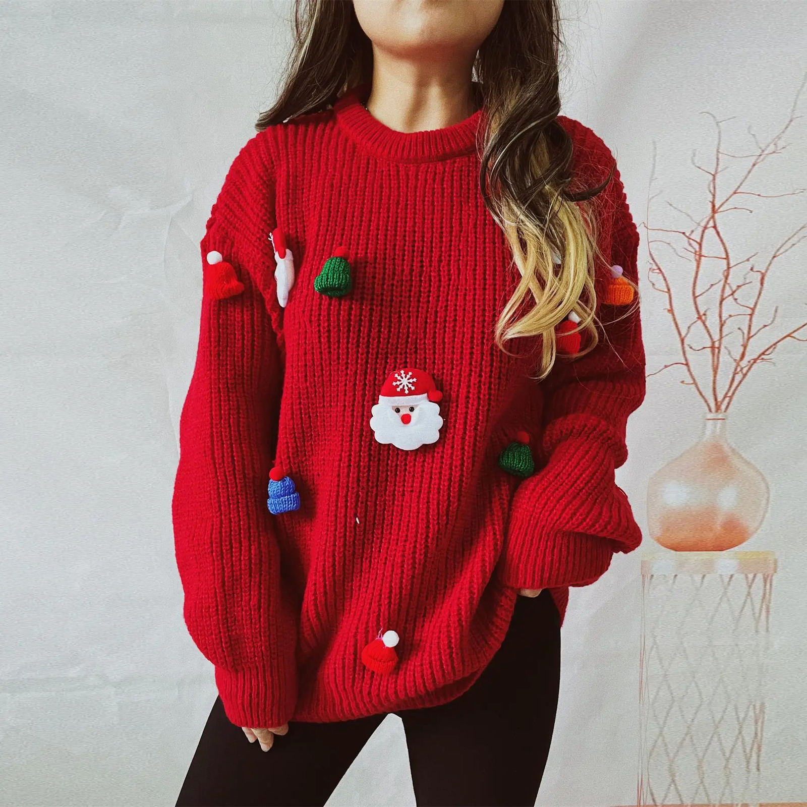 Tirez la femme de Noël Femme Fun Rendeer Print Christmas Pull de Noël Femme d'hiver Pull de Noël 241028