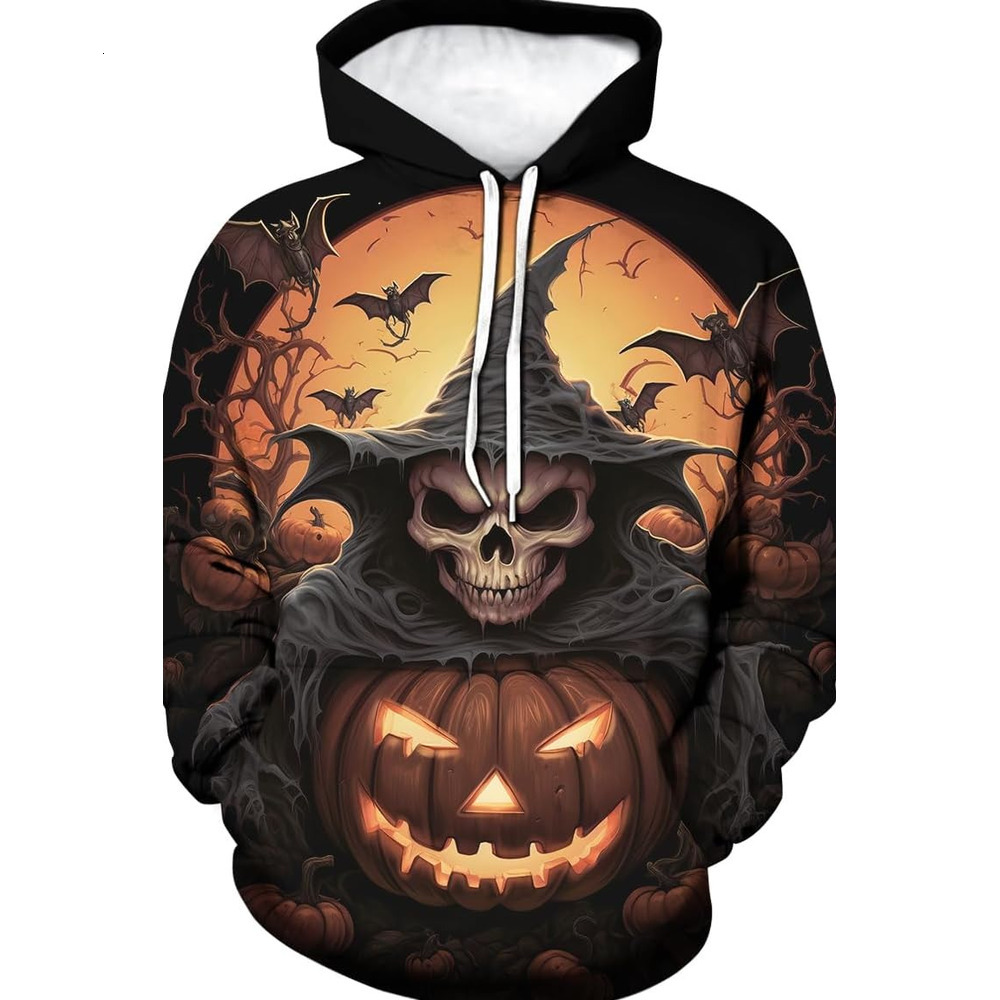 Hoodie for Mens Womens Vintage 3D Halloween Skull Pumpkin Hoodie Mens Skeleton Castle Graphic Black Graphic Warm, fashionable and casual