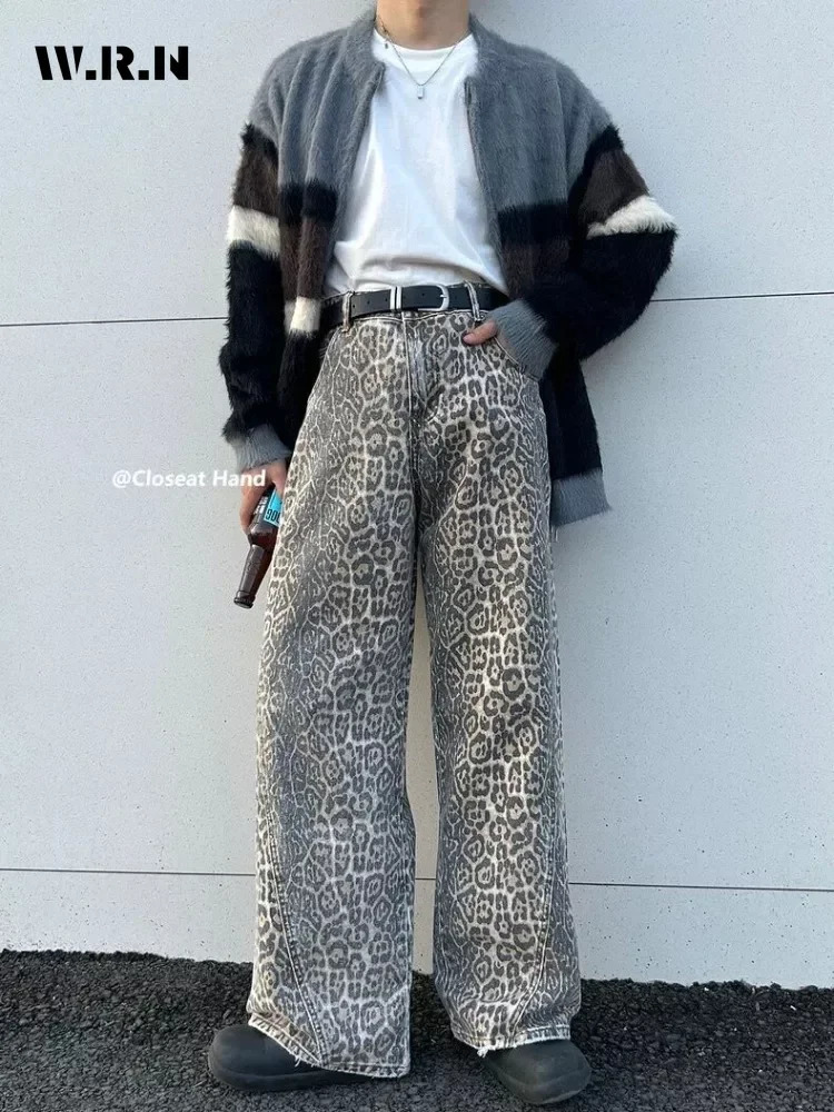 Womens American Vintage Leopard Print Washed Thin Jeans Street Casual Neutral Style DenimTrousers High Waist Straight Pants 241028