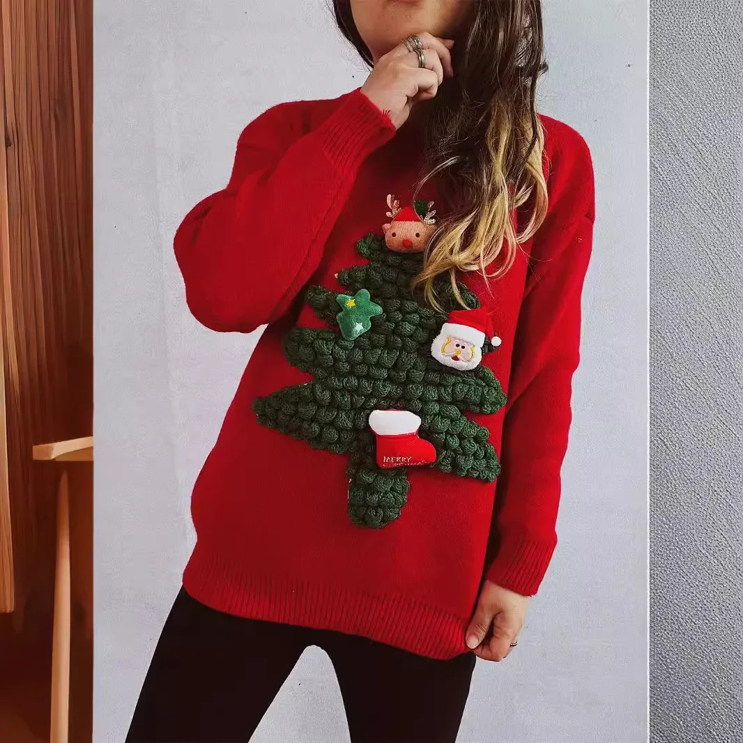 Arrivée automne / hiver américain style 3D Paillé de Noël cueilli le pull rouge ample adapté pour les femmes 241028