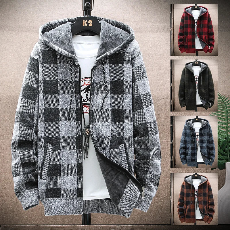 Mens Fashion Jacket Coat Checkered Soft Sweater Y2K Clothing Streetwear Hoodies Fleece Wool Cashmere Windbreaker Cold Overcoat 241028