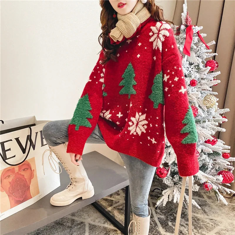 Pull de Noël d'hiver automobile Corée de couleur épaisse bloquée femme sweat à capuche Snowflake Loose Round Round Style Lazy Top 241028