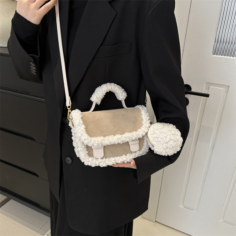 Wholesale Plush splicing handbag, early spring new versatile ins shoulder crossbody, popular fashion small square bags this year