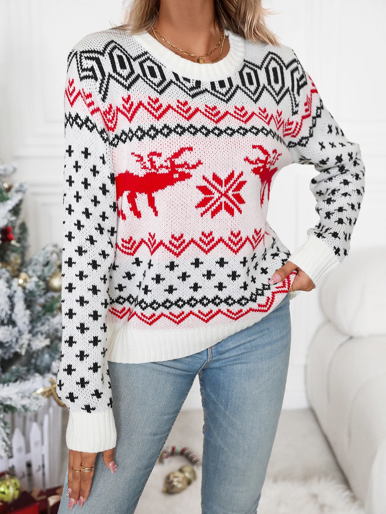 Noël à la cire douce Contrac Crème Cou de Noël Elfe n contraste couleur Tiler une fleur en tricot Pull de fond 241028