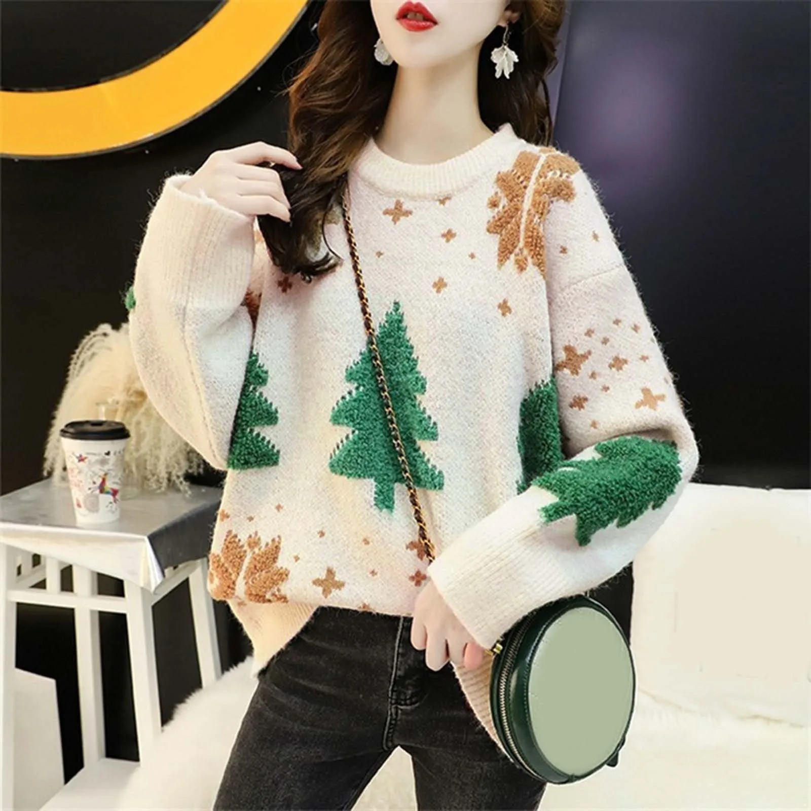 Femmes Noël décontracté haut d'hiver épais imprimé lâche pull en tricot tricot haut de surse-shirts pour les hommes de pull masculin 241028
