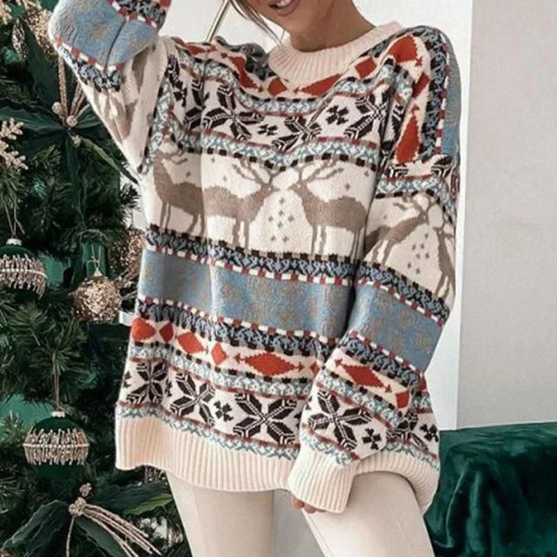 Y2K style pull de noël pour femme décontracté à manches longues col rond tricoté ultra-fin pull en tricot jacquard floral aspect de noël 241028