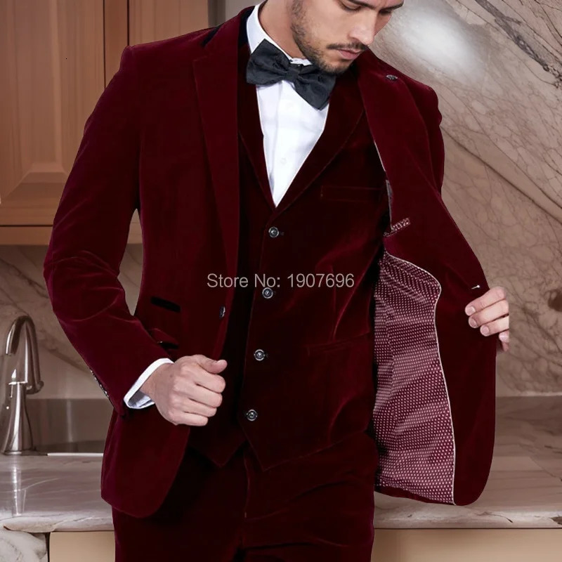 Les hommes en velours bordeaux portent ultra mince adapté au mariage 3 pièces American Ball Groom Robe de soirée Veste fumeurs avec pantalon Terb