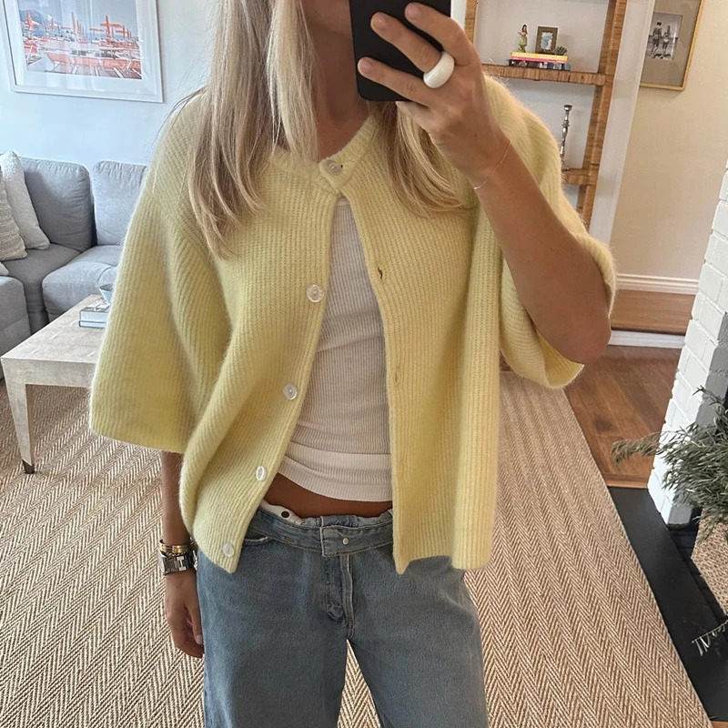 Vintage Button Up Short Sleeve Cardigans Preppy Aesthetic Y2K Knitted Sweater T-shirt Women Loose Fit Knitwear Tops High Street 241028