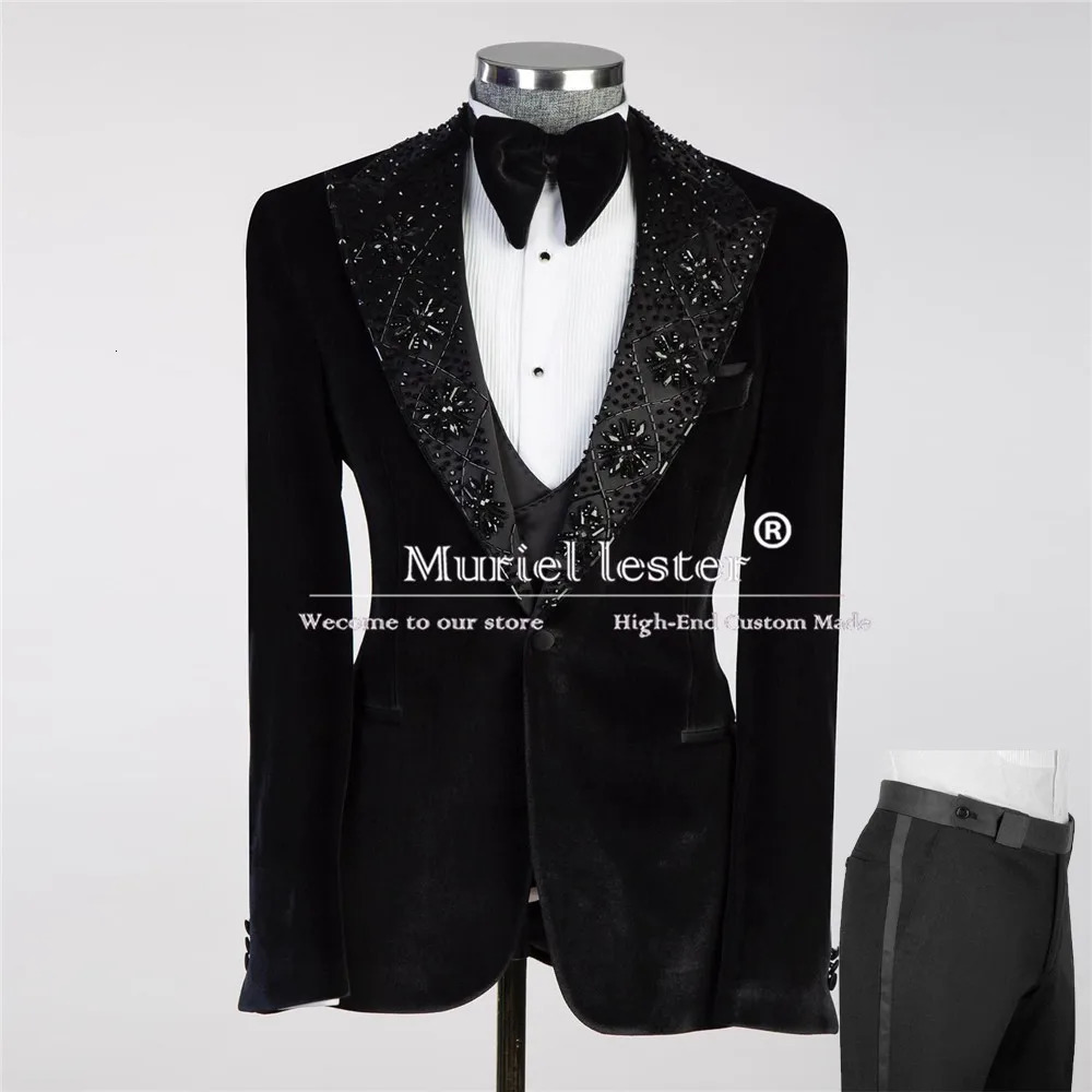 Ensemble de velours noir pour hommes de la veste de collier de pierre en pierre de mariage pour hommes pantalon tobe 3 pièces ves à veste personn