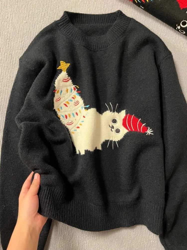 Korobov Cat de Noël du cou rond avec pull moelleux pour les femmes automne et hiver lâche et doux entièrement tricot tricot 241028