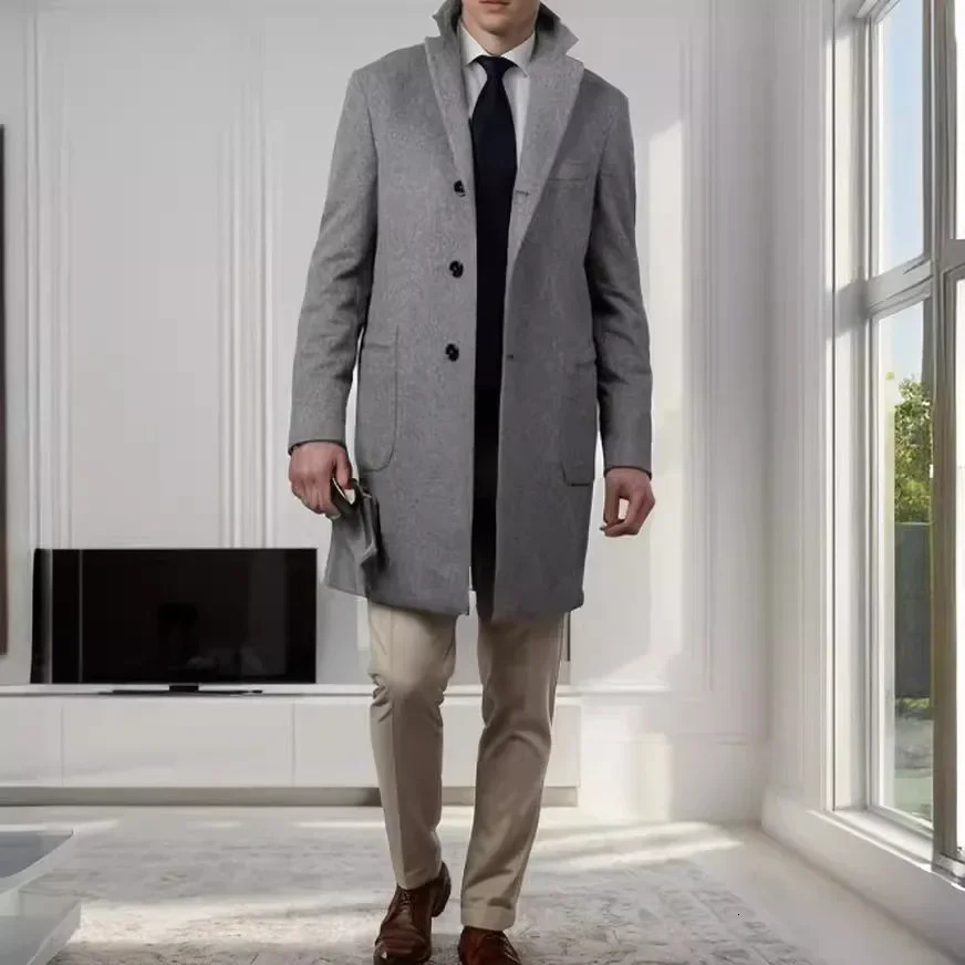 Hommes pardessus britannique en laine en automne et hiver de 2024 style coréen décontracté revers simple couleurs de couleur un coagin de brise-v