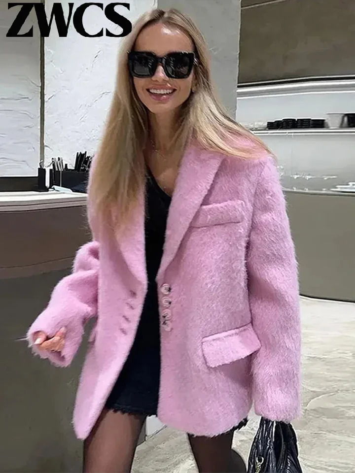 Womens Elegant Wool Coat Turn Down Collar Single Breasted Pink Long Sleeve Thicken Jackets Ladies 2024 Loose Outwear 241028