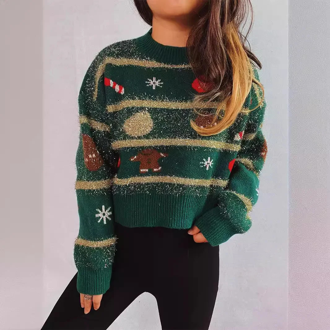 Jacquard Tricoted Pull de Noël Décoration de Noël Gol Free Loose Cold Round Coupte de chemise florale Pull de Noël 241028