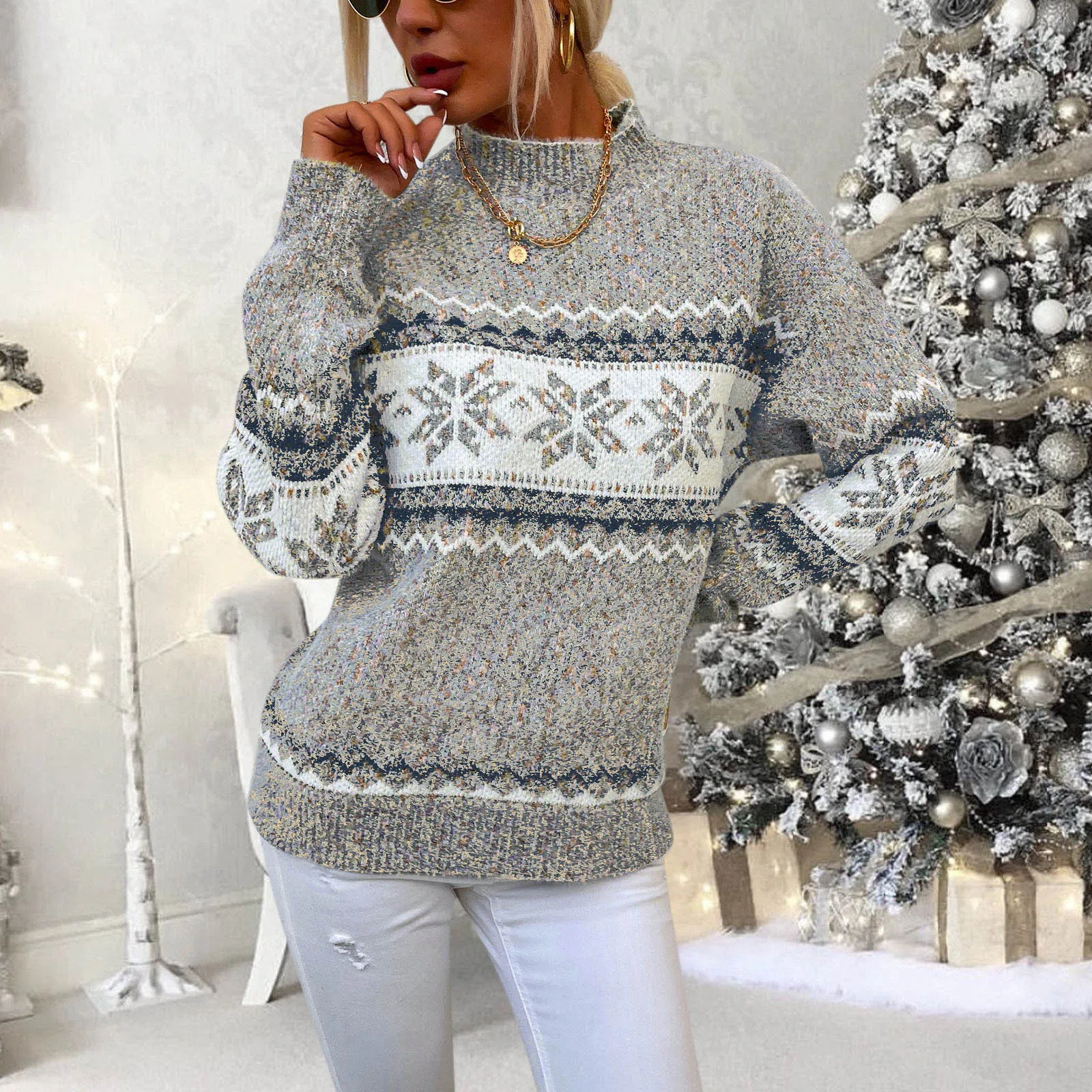Pull de Noël Modèle de flocon de neige automne pour femmes hivernaux tortule au cou décontracté femme élégante tricot à la mode à la mode haut y2