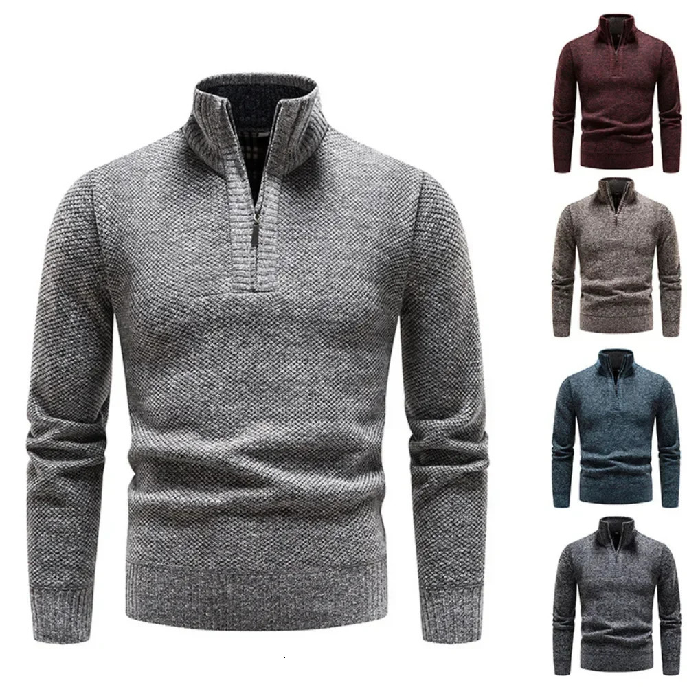 Spring And Autumn Mens Versatile Stand Collar Sweater Pullover Plush Thickened Knitted Coat Men Sweaters 241028