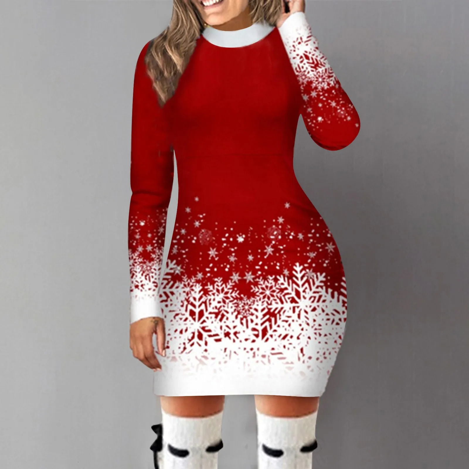 Robe de Noël pour femmes enveloppe hanche slim fit automne hiver 2024 robes rond coude neige flocon imprimé à manches longues vêtements de fête 2