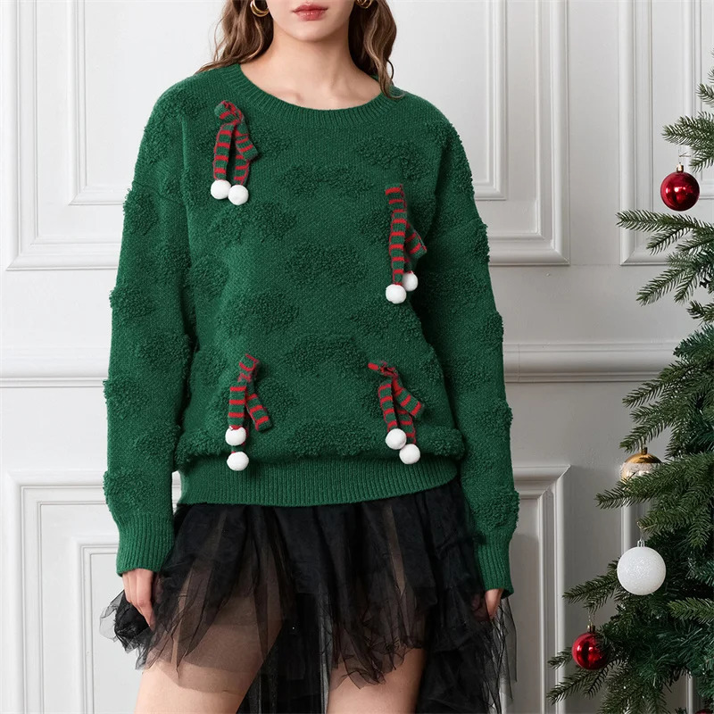 Pull de Noël de Noël Xingqing Womens Kawaii Bow Decoration Round Cou à manches longues en tricot floral Automne et Winter Streetwear 241028