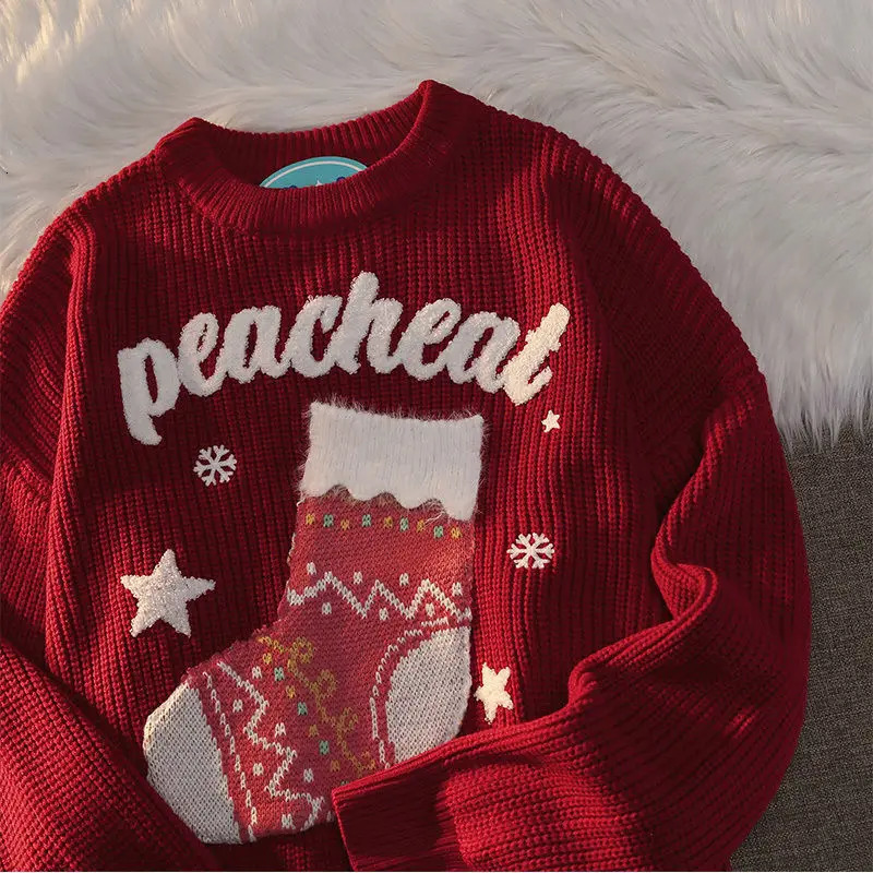 Pull surdimensionné de Noël vintage de l'objet d'hiver des femmes aux États-Unis avec un haut à manches longues en tricot lâche avec motif floral