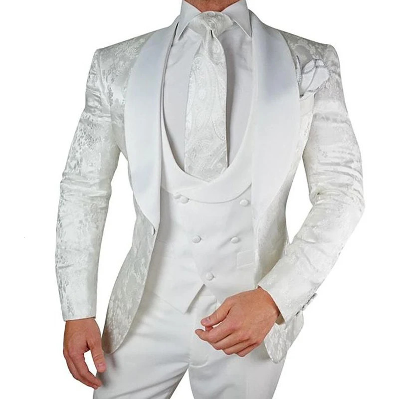 3 morceaux de blanc floral white mien 2024 Grooms Robe de soirée Slim Fit Ensemble de châle en satin revers personnalisé Vêtements 241028