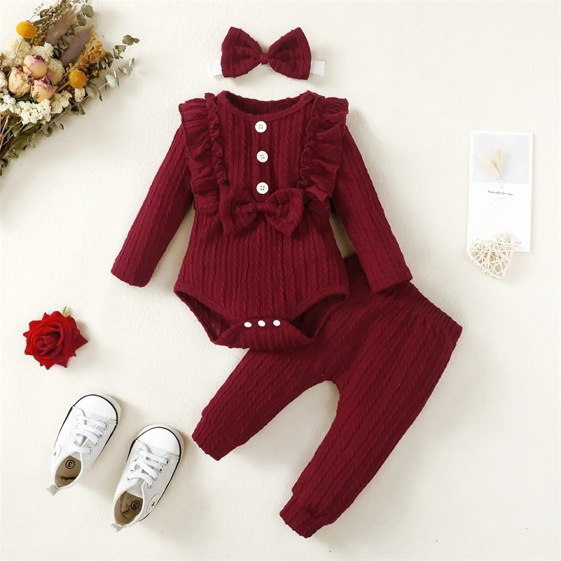 3pcs nés vêtements ensemble bébé fille robeper arc mode manche longue printemps automne hiver 3 6 9 12 mois de vêtements en bas âge y241011