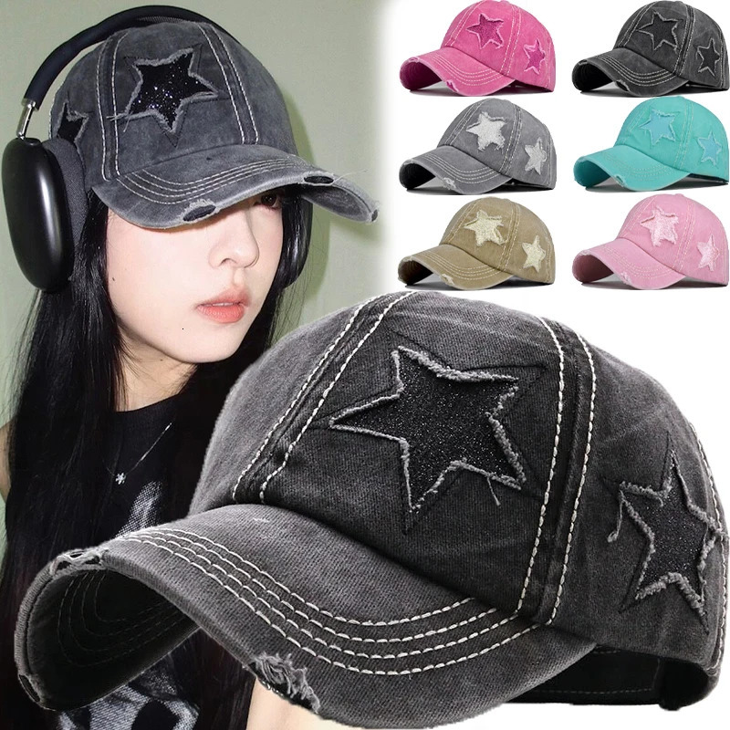 Y2K Star Hats Women Men Vintage Embroidery Pentagram Washed Cotton Baseball Caps Soft Top Denim Ponytail Hats 241009
