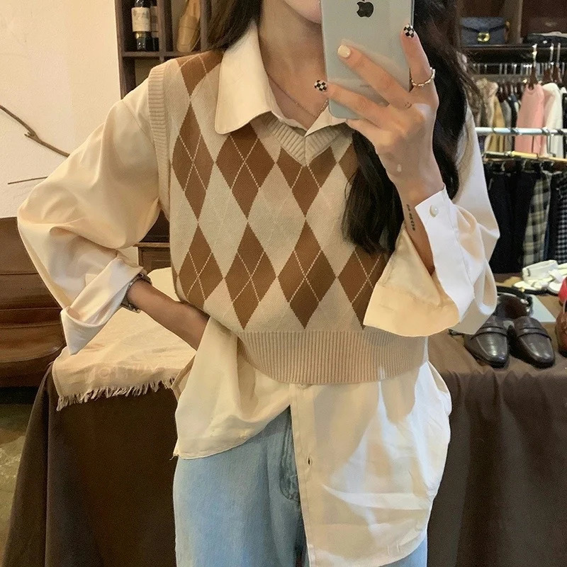 Autumn Fashion Female Vintage Plaid Sweater Vests Tank Tops Knitted Crop Top Women Sleeveless Vest Waistcoat 241030