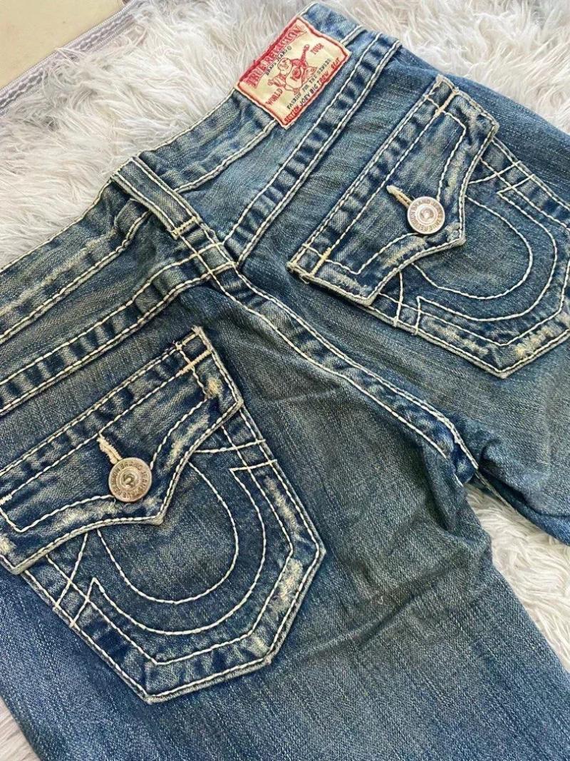 Trues Relgionly Jeans Amrican Retro Gothic Style Loose Casual Hip Hop Red Embroidered Street Denim Trousers Couples Baggy Pants Y2k Fashion Heavy Co
