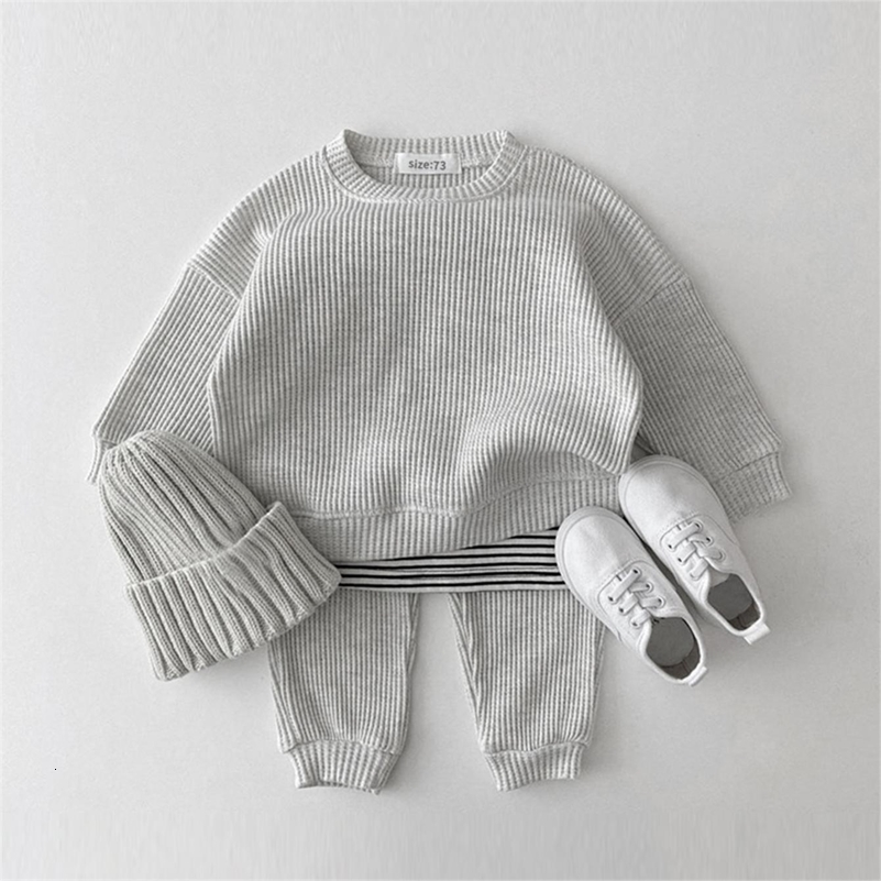 Ensembles de vêtements de bébé coréens Waffle Cotton Kids Garçons Garçons Girls Vêtements Spring Automne Loose TrackSuit Pullovers Toppants 2PCS