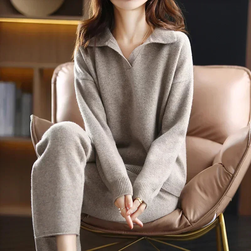 Ensemble en cachemire d'hiver pour femmes Pull de collier lâche Température Pantalon de jambe large décontractée tricoté 100% coton en deux pièce