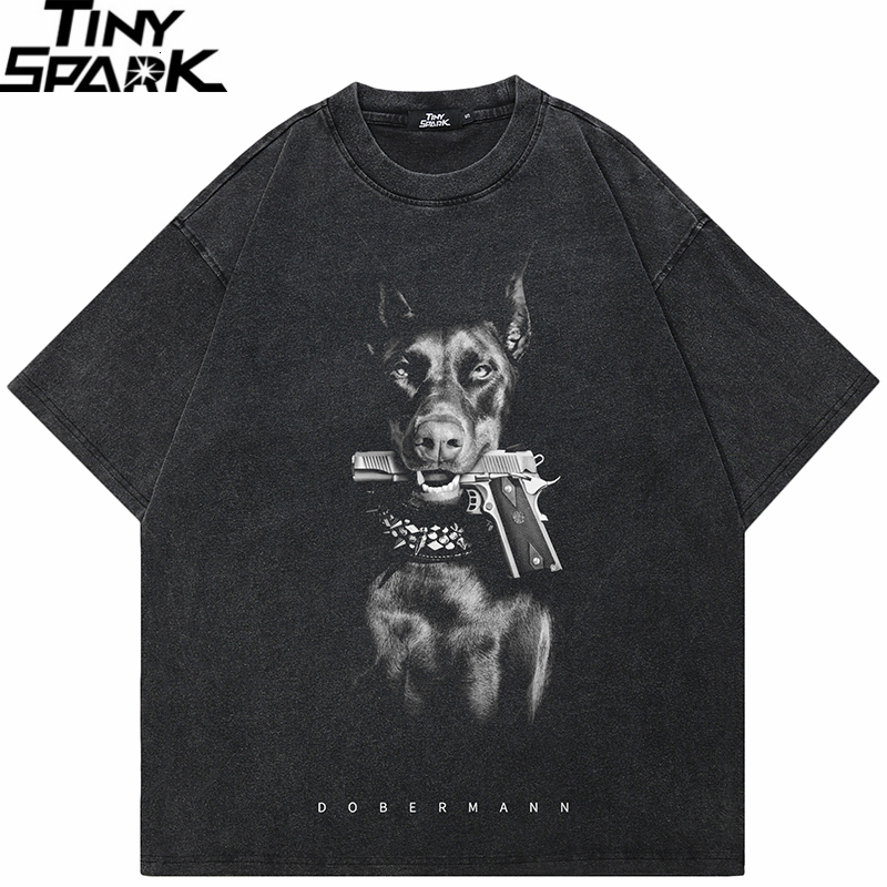 Hip Hop 2024 Vintage Washed Black T-Shirt Streetwear Doberman Dog Gun Graphic T Shirt Cotton Unisex Tshirt Men Tops Tee Hipster