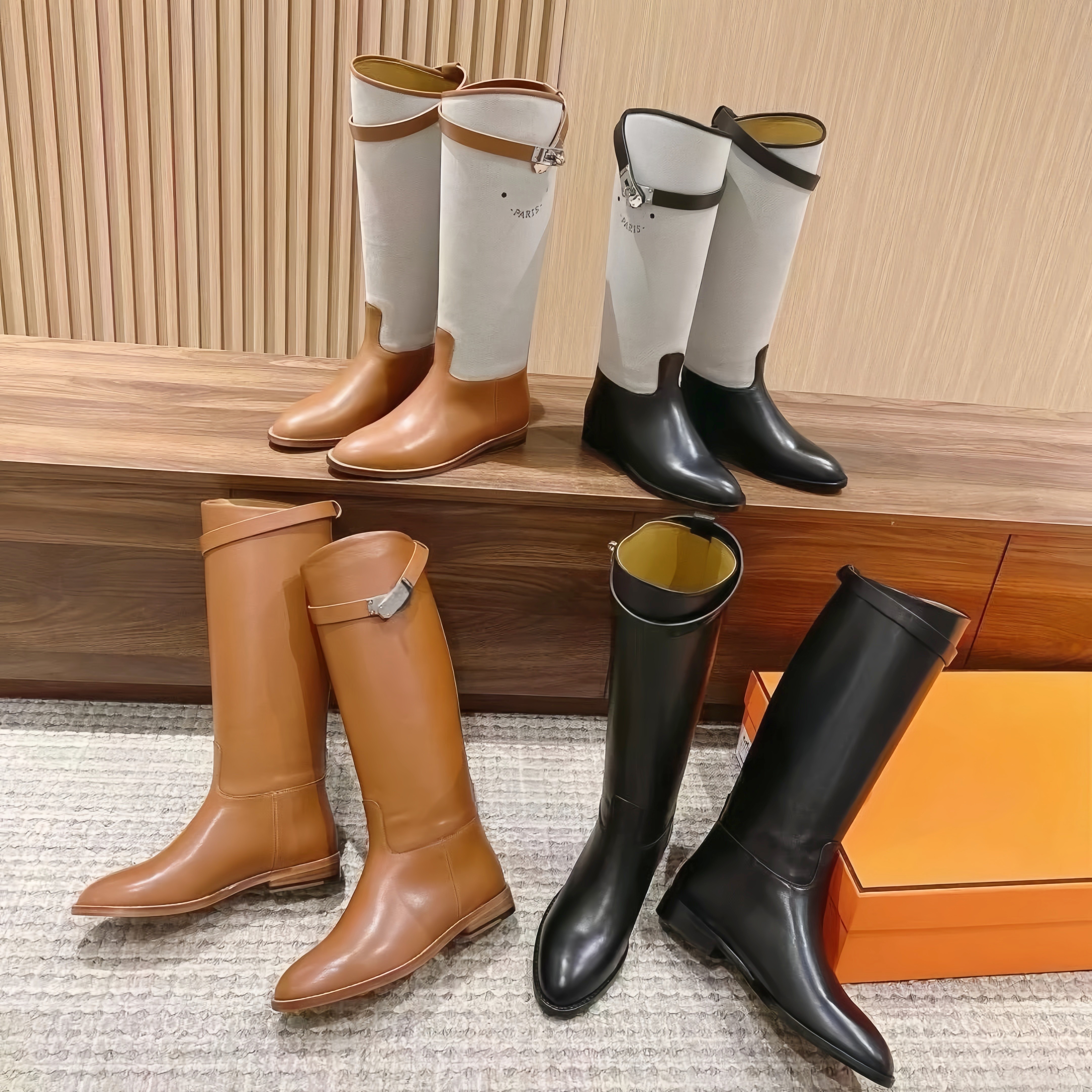 Orange leather boot Designer Rain booties Luxury shoe Womens men thigh high Knee Boots Winter Snow Boots Classic Western wedge canvas Mini boot Casu