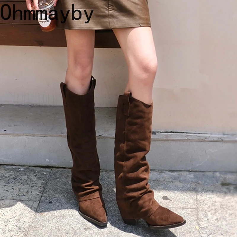 Er Vintage Femmes Western Knee High Boots Fashion pointu Point Toe Long Boties Automne Hiver Talons épaisses chaussures dames D8A1