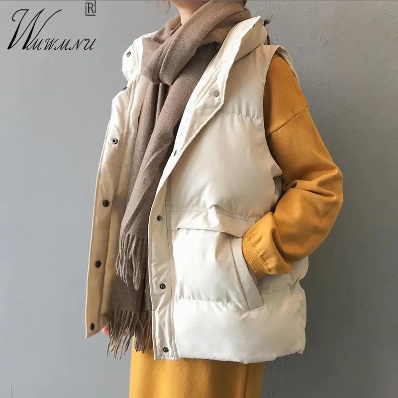 Casual Loose Down Cotton Vests Women Winter Parkas Warm Padded 80kg Oversize Waistcoat Fashion Stand Collar Sleeveless Coat 241031