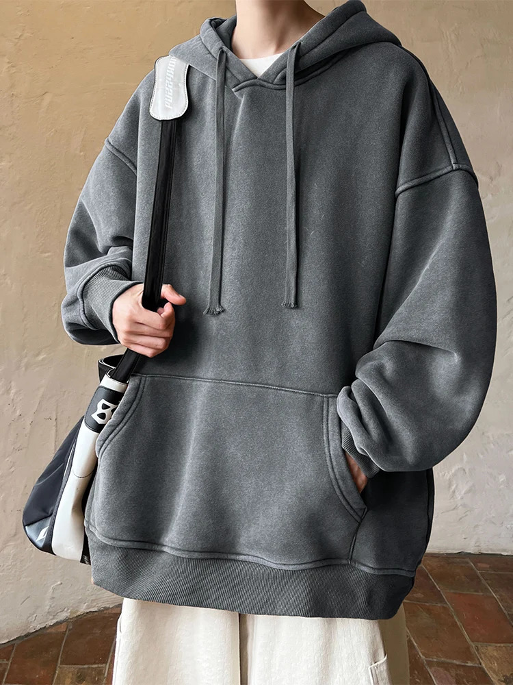Spring Autumn Washed Hoodies Men 360G Heavy Cotton High Street Vintage Oversized Sweatshirts Y2k Hoody Harajuku Tops 241030