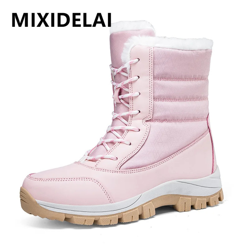 Winter Women Warm Plush Mid-Calf Womens Snow Lace-up Outdoor Waterproof Hiking Boots Chaussures Femme Size 4 3776