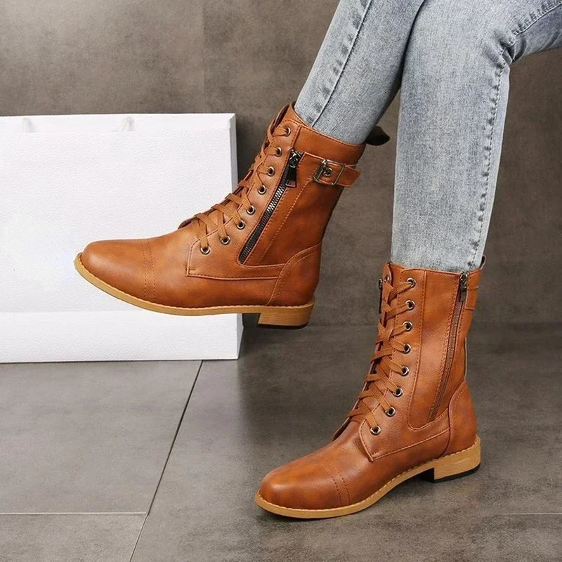 Plate-forme talon femmes bottes hautes décontractées en cuir décontracté automne d'hiver rond-toe toe plus taille dames chaussure b564