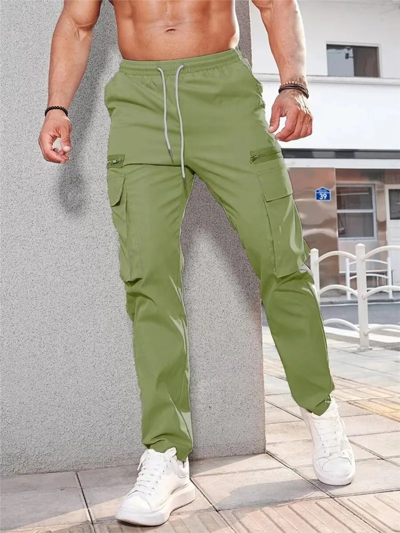 spring autumn Wearable men cargo Pants Drawstring sports Multi Pocket Mens sweatpants Quick drying solid color men trousers 241031