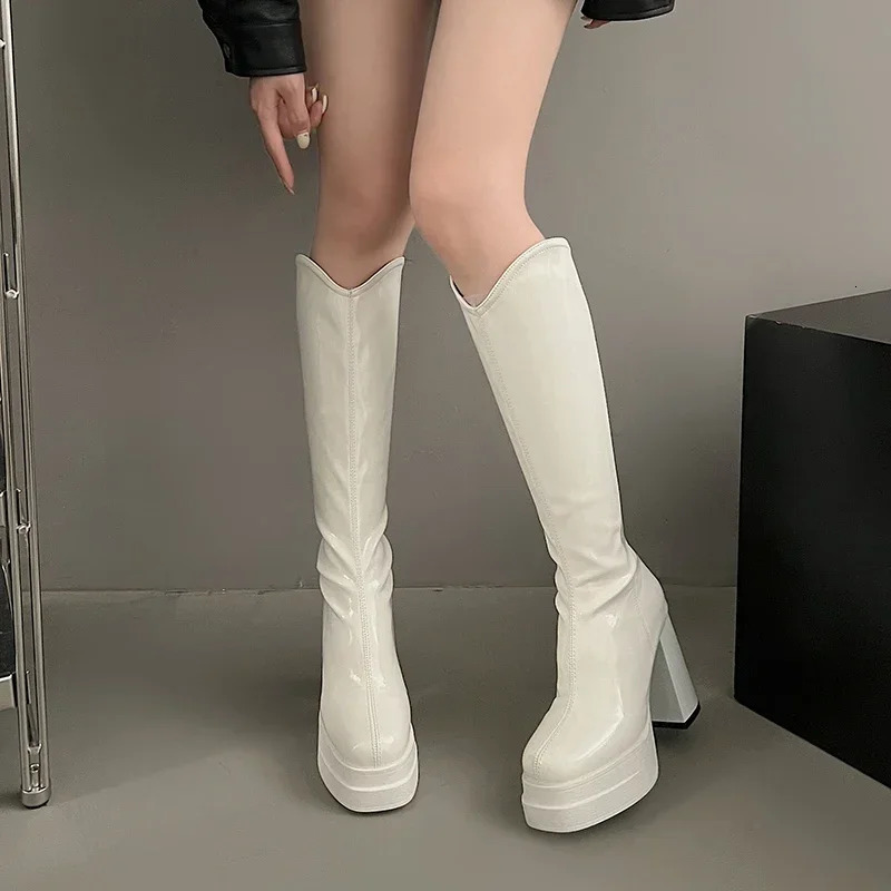 Chaussures pour femmes Qualité Zipper Femmes Automne Square Toe Solide High Tube Talons Chunky Boots Fashion Atillas Muje C47d