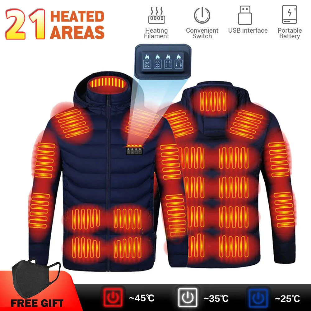 USB Heating Jackets Men Winter Warm Heated Parkas 21 Zones Electric Heated Jackets Waterproof Warm Jacket Coat Plus Size 6XL 241031