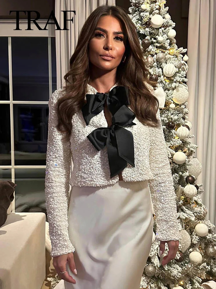 TRAF Women Fashion Sexy High Street Bow Tie Long Sleeves Blouses Solid O-Neck Sequins Decorate Chic Tops 2 Color Mujer 241031