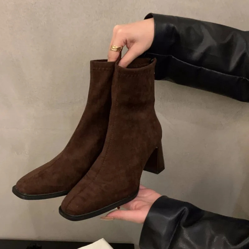 Womens Thick Heel Cotton Winter Square Head Suede Back Zipper Anti-slip Wear-resistant Short Boot 4495