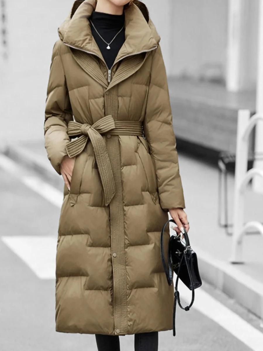 FTLZZ Winter Womens White Duck Down Jacket Womens Hooded Zipper Long Coat Casual Thick Solid Coat with Belt 241030