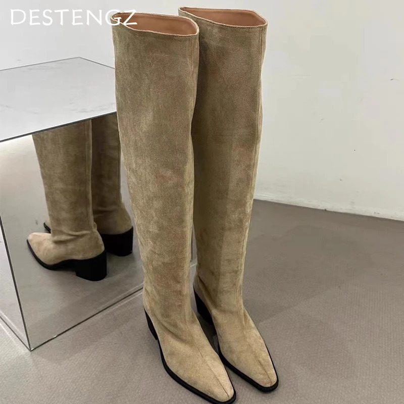 En daide pointu à bout femmes bottes hautes talons mi-talons mode chaussures sexy femme 2025 tendance hiver